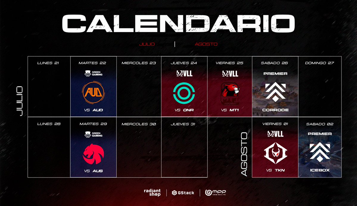 Vizion Gaming (@viziongamingpe) on Twitter photo PRÓXIMOS ENCUENTROS 👀
Se nos vienen dos semanas cargadas de enfrentamientos para el equipo y la academia de Valorant.
Fechas importantes en la <a href="/LigaGreenGaming/">Green Gaming 🍀</a> y fecha doble esta semana en <a href="/ValoLatamLeague/">Valorant Latam League</a> 🏆
Además, Corrode e Icebox en el Premier serán claves para ir PRÓXIMOS ENCUENTROS 👀
Se nos vienen dos semanas cargadas de enfrentamientos para el equipo y la academia de Valorant.
Fechas importantes en la <a href="/LigaGreenGaming/">Green Gaming 🍀</a> y fecha doble esta semana en <a href="/ValoLatamLeague/">Valorant Latam League</a> 🏆
Además, Corrode e Icebox en el Premier serán claves para ir