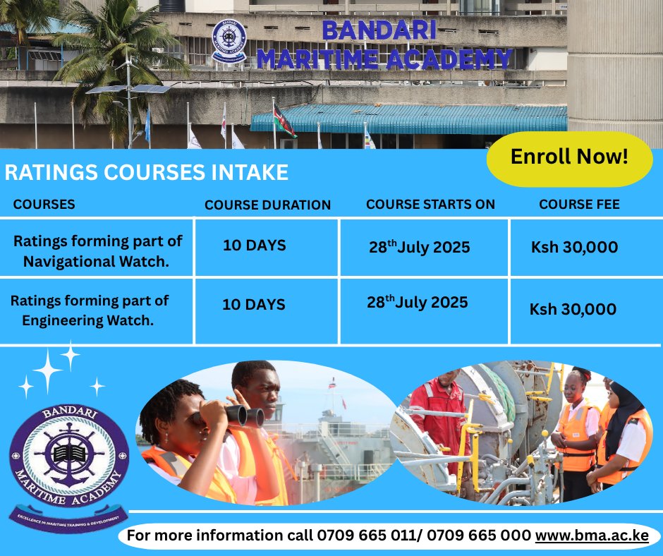 Ratings Courses Intake NOW OPEN! Whether you dream of working on deck or below it, this is your chance to gain internationally recognized training from
<a href="/BandariMA/">Bandari Maritime Academy</a>
– Kenya’s Centre of Excellence in Maritime and Blue Economy training.
<a href="/kmakenya/">Kenya Maritime Authority official</a>
<a href="/KilifiCountyGov/">Kilifi County Government #003</a>
<a href="/kdfinfo/">Kenya Defence Forces</a>