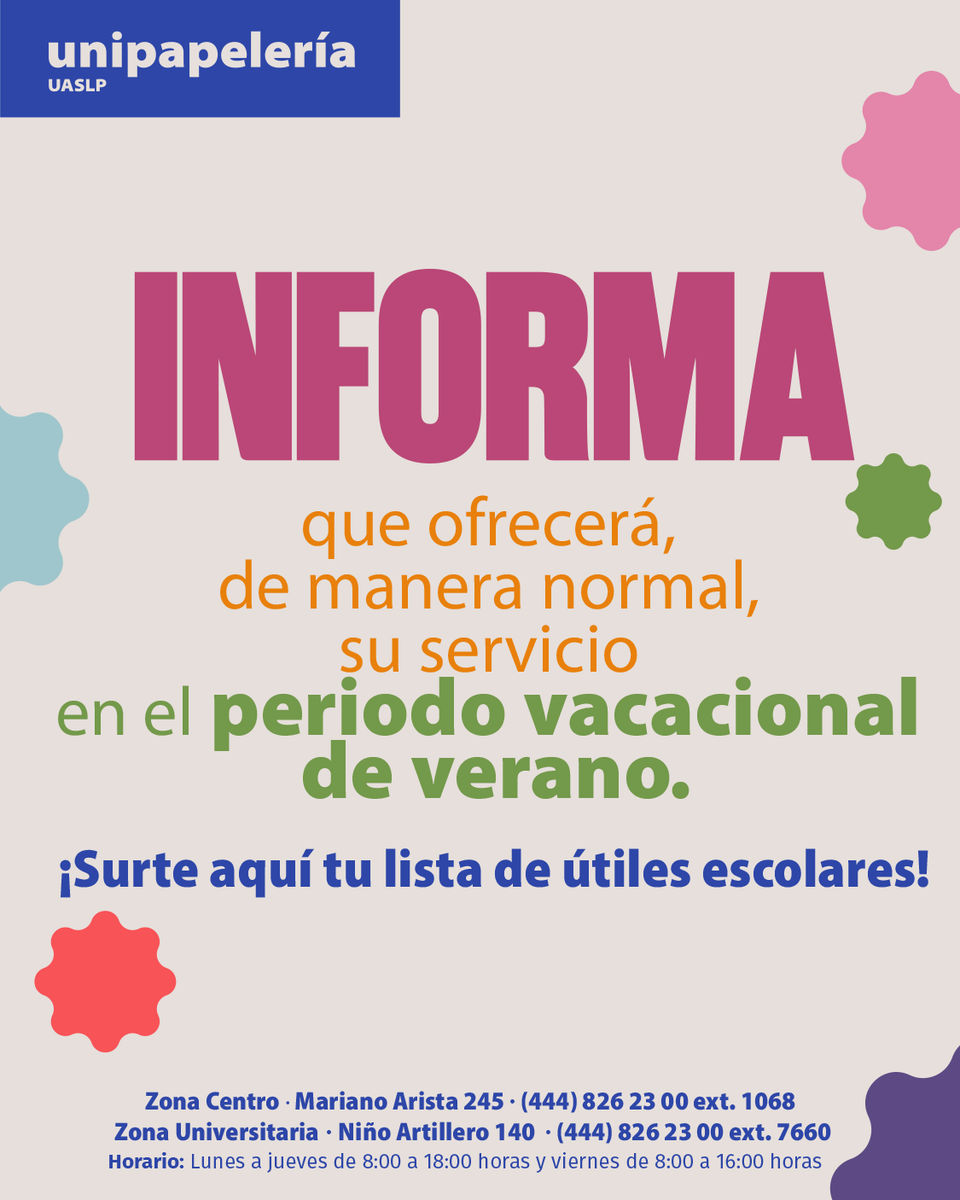 LaUASLP's tweet image. 🟡 En este periodo vacacional, la Unipapelería brindará servicio al público.

¡Visítala en cualquiera de sus sucursales!

#SomosUASLP