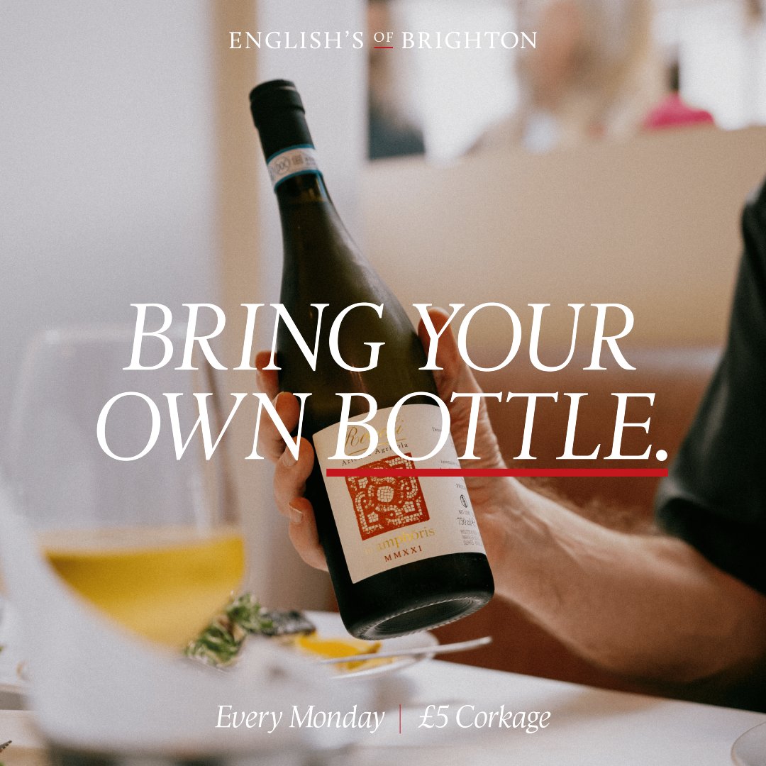 EnglishsoB's tweet image. BYOB Mondays are still going strong at English’s!
Simply bring your favourite bottle of wine to enjoy with a main from our à la carte menu or our summer set menu.
Ts&Cs apply.
#BYOB #EnglishsOfBrighton