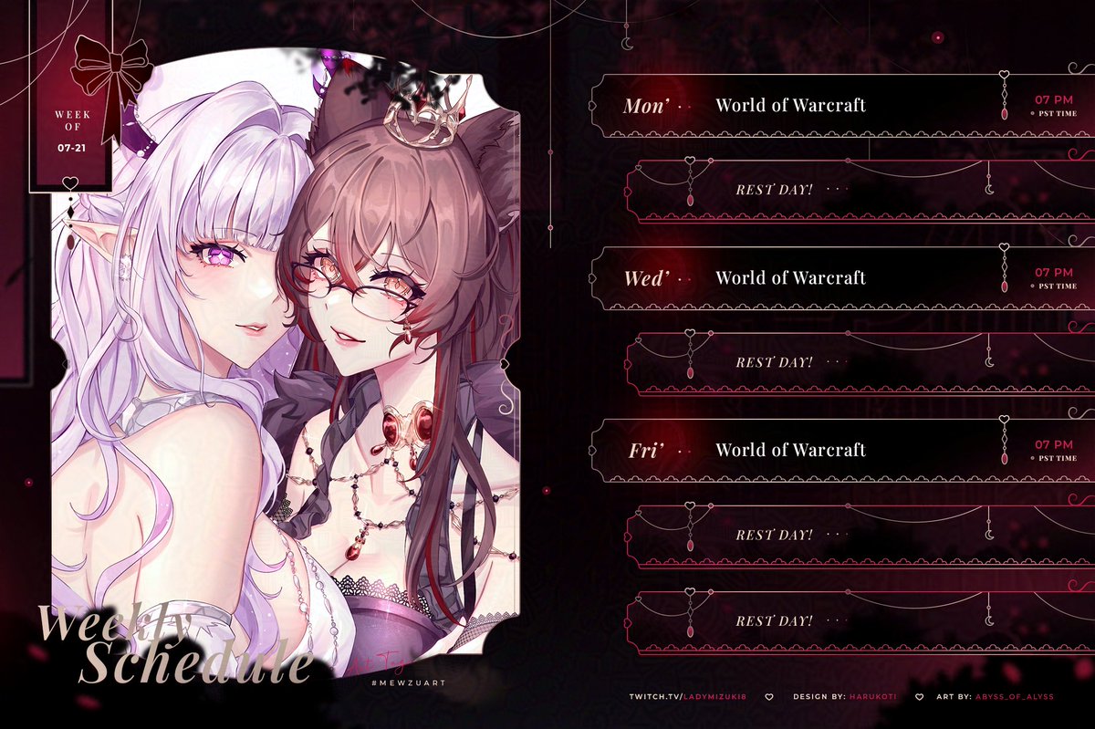 LadyMizuki8's tweet image. Schedule Time!
Lots of WoW.
There's so much to do, and not a ton of time left.
No stream Saturday as it's before Mama goes for treatment.
Wednesday will be mount runs! I'll likely be on my mage. Mostly solo so please keep that in mind ya'll.
Lets make this week fun together!