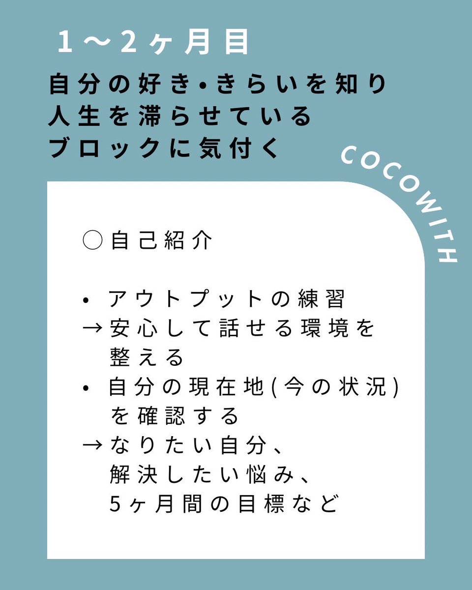 CocowithOnline's tweet photo. cocowithのカリキュラムをまとめました💡

「自己理解っていうけど、どんな授業なの？」
とイメージができない方もいるかもしれません

cocowithでは
思考✖️行動
インプット⇨アウトプット

ここを徹底的に続けることで
〝一時的で終わらせない〟〝学んで満足しない〟
日常に学びを落とし込んでいます https://t.co/lleXypEZax