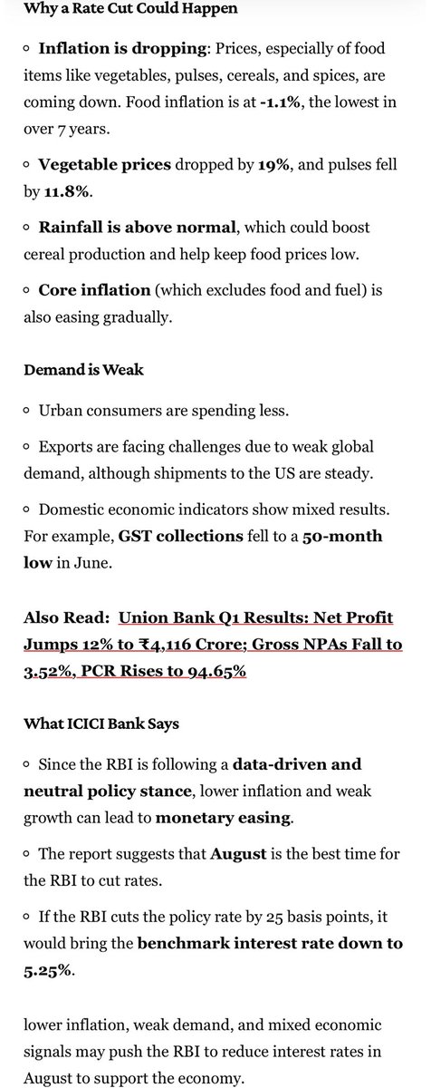 #ICICIBank hints at a possible 25 bps rate cut by the #RBI this August amid falling inflation and weak demand. #rbipolicy  #Nifty50 #NiftySmallCap #niftybank #HDFCBank #yesbank #axisbank #banknifty