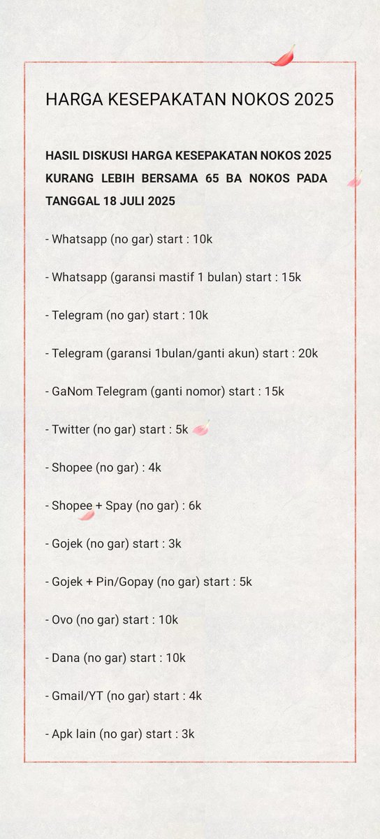 policinokos's tweet image. [HELP RT/REPOST]

❗Announcement ❗

Telah dilakukan diskusi untuk kesepakatan harga nokos minimum dengan 65 rekan BA nokos. Hasil harga terlampir pada gambar berikut &amp;amp; berlaku mulai 21 Juli 2025. Akan ada teguran keras bagi seller yang menjatuhkan harga pasaran. 

#zonauang