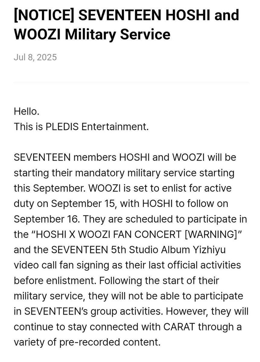 it'll be such an eventful week 😭😭😭😭

sept 13-14 - SEVENTEEN's NEW_ tour 
sept 15 - woozi enlistment
sept 16 - hoshi enlistment

when hoshi said they'll watch seventeen first before enlisting he meant it literally days before they enlist 😭😭😭😭😭😭😭