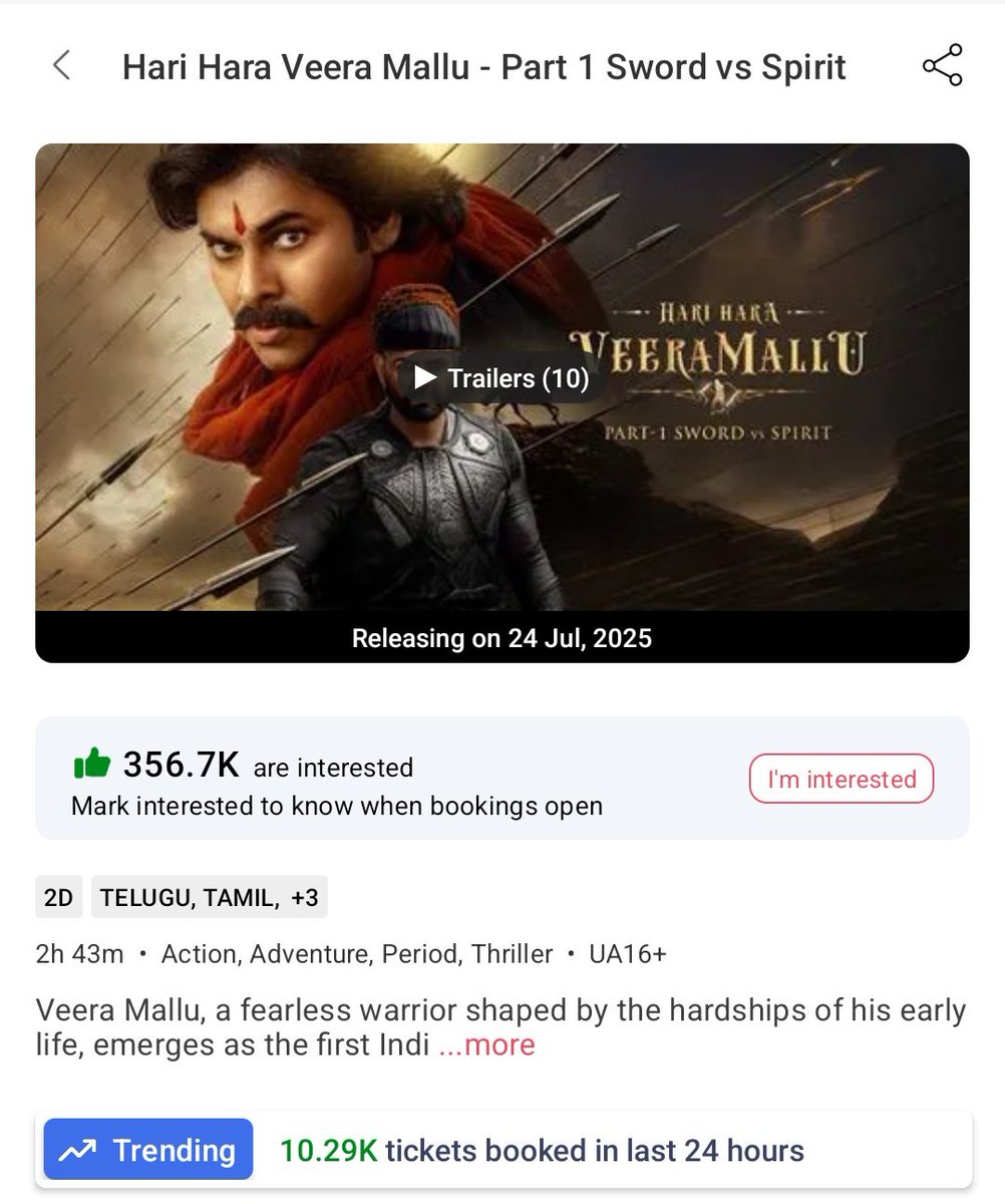 saradagakasepu4's tweet image. #HariHaraVeeraMallu Nizam and Hyderabad Bookings will Open on 22nd July Morning..!!

Get Ready Cults...
#Pawankalyan @AgerwalNidhhi @MegaSuryaProd #Krish #JyothiKrishna @PawanKalyan