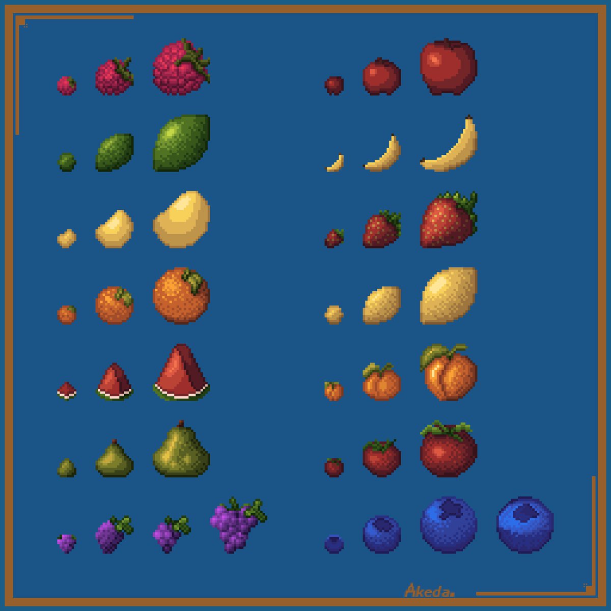 🍐🍊🍌🍉🍇Happy Monday, everyone! I hope you had a great weekend! In my ongoing series of 8x8, 16x16, and 24x24 designs, I'm excited to share the current collection for the fruit category! 🍑🍎🍋🍓🥭🫐
#pixelart #artmoots