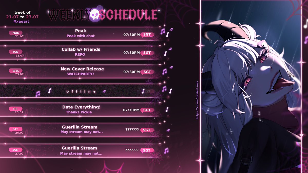 Xaeela's tweet image. ❋ Weekly Schedule ❋ (｢• ω •)｢

Thanks Pickle for the Date Everything! I can&apos;t wait to date the fridge

#Vtubers #ENVtuber #StreamSchedule
「🎨#xaeart 」