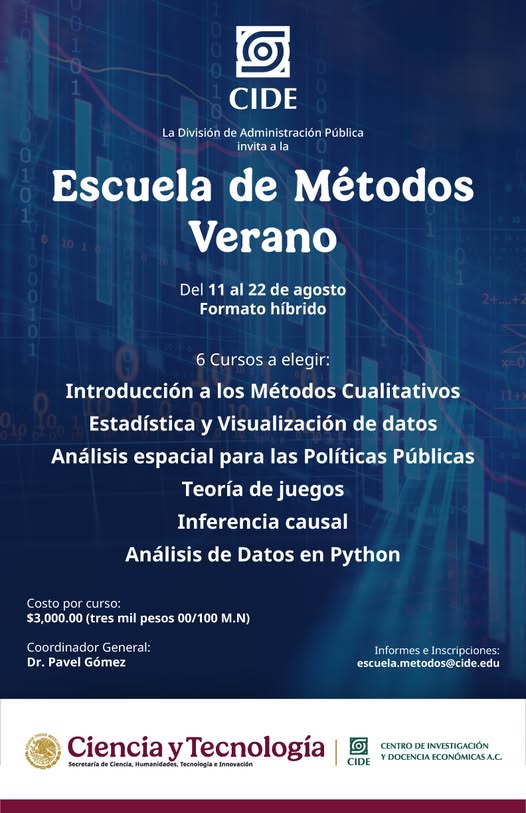 CIDE (@cide_mx) on Twitter photo Escuela de Métodos Verano, ¡elige tu curso!
✅ Introducción a los Métodos Cualitativos
✅ Estadísticas y Visualización de datos
✅ Análisis espacial para las Políticas Públicas
✅ Teoría de juegos
✅ Inferencia causal
✅ Análisis de Datos en Python
ℹ️ escuela.metodos@cide.edu Escuela de Métodos Verano, ¡elige tu curso!
✅ Introducción a los Métodos Cualitativos
✅ Estadísticas y Visualización de datos
✅ Análisis espacial para las Políticas Públicas
✅ Teoría de juegos
✅ Inferencia causal
✅ Análisis de Datos en Python
ℹ️ escuela.metodos@cide.edu