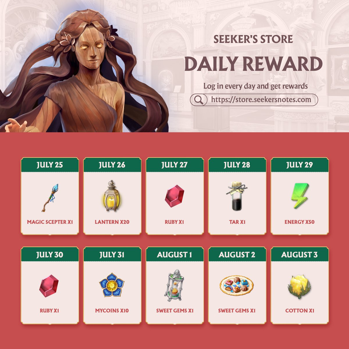 SeekersNotes's tweet image. 🎁 Daily Free Reward in the Seeker’s Store! Don’t forget to visit the Seeker’s Store today and claim your free Ruby ✨

Visit the Seeker’s Store here: store.seekersnotes.com

⏰ A new reward becomes available every day at 1 AM UTC.