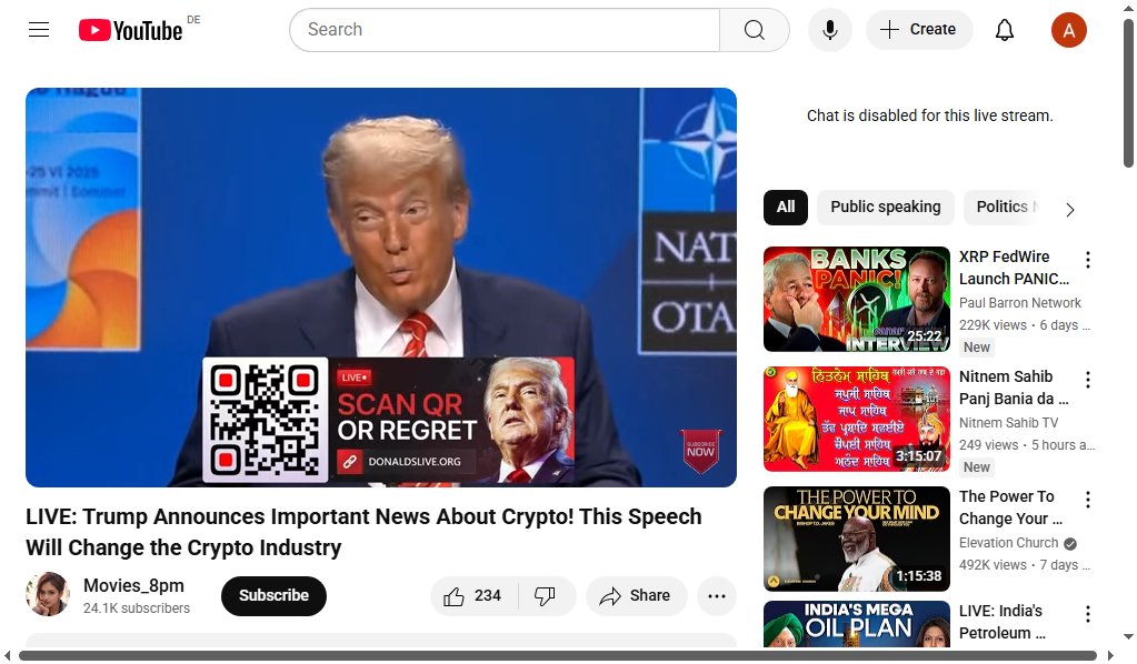 Scam_Wipe's tweet image. 🚨 #Scam ALERT 🚨
🎥 Fraudulent stream detected: youtube.com/watch?v=nyAR9w…

Topics: #Streamjacking #DigitalFraud
Tagging for awareness:
📢@ChainPatrol @elonmusk @Phish_Destroy @zachxbt

Stay vigilant and avoid suspicious links!
📩 Report scams to protect others.