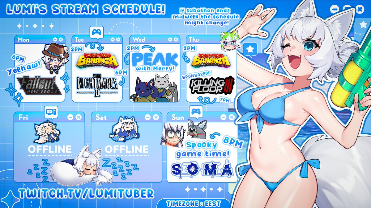 Lumituber's tweet image. Schedule for upcoming week!💦
Reminder that these are just highlights of what's happening on stream, if timer runs out the schedule might change! 🐺💙