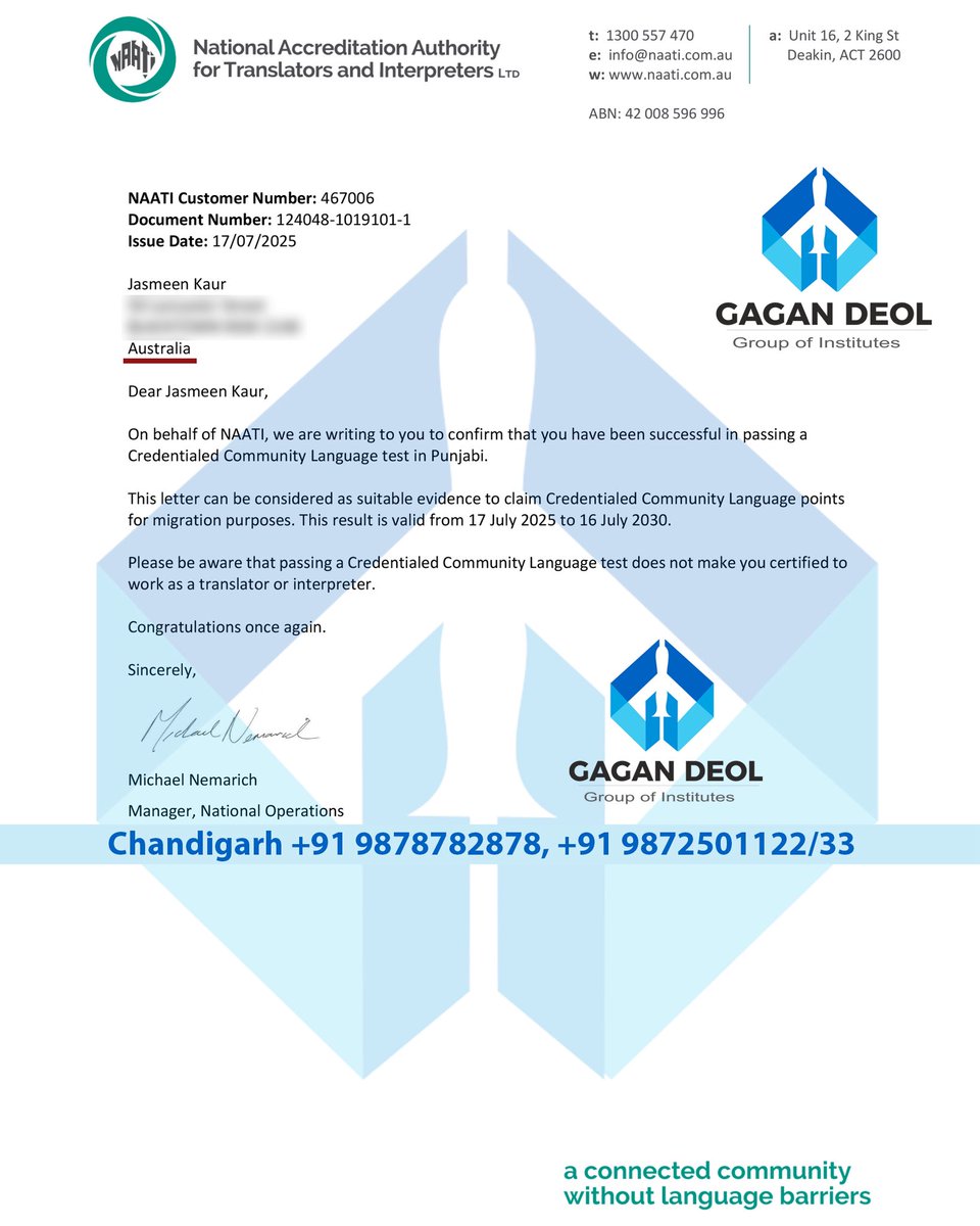 deoldon's tweet photo. Jasmeen Kaur is an Australian PR applicant, residing in Australia. She already achieved her desired score in PTE for her application and has now passed CCL-NAATI as well to secure extra 5 points, which will give a boost to her application, with hopes to receive the invite sooner. https://t.co/BTdkoF9mVo