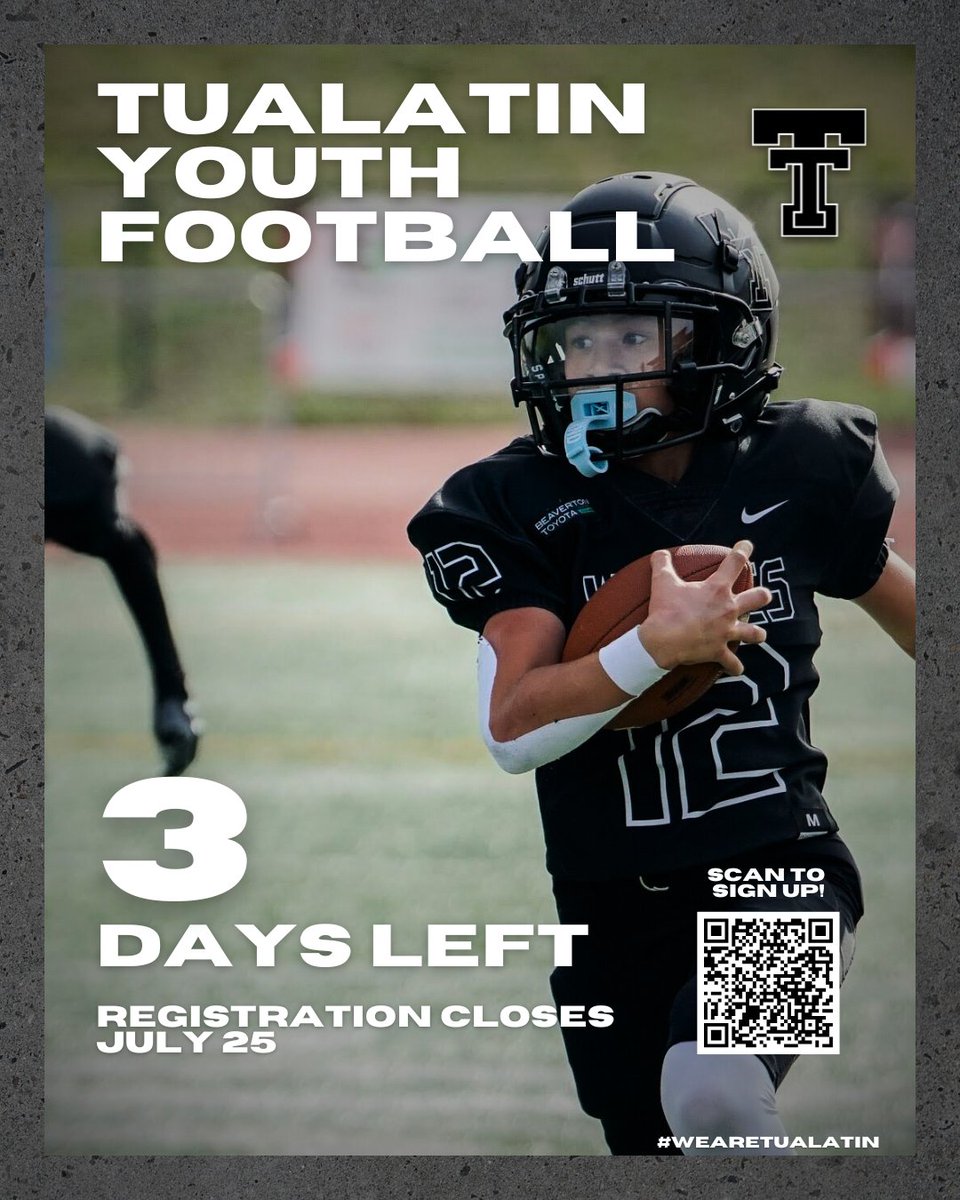 3️⃣ more days left to sign up for football in the Fall! 

✍️🆙  tualatinyouthfootball.org