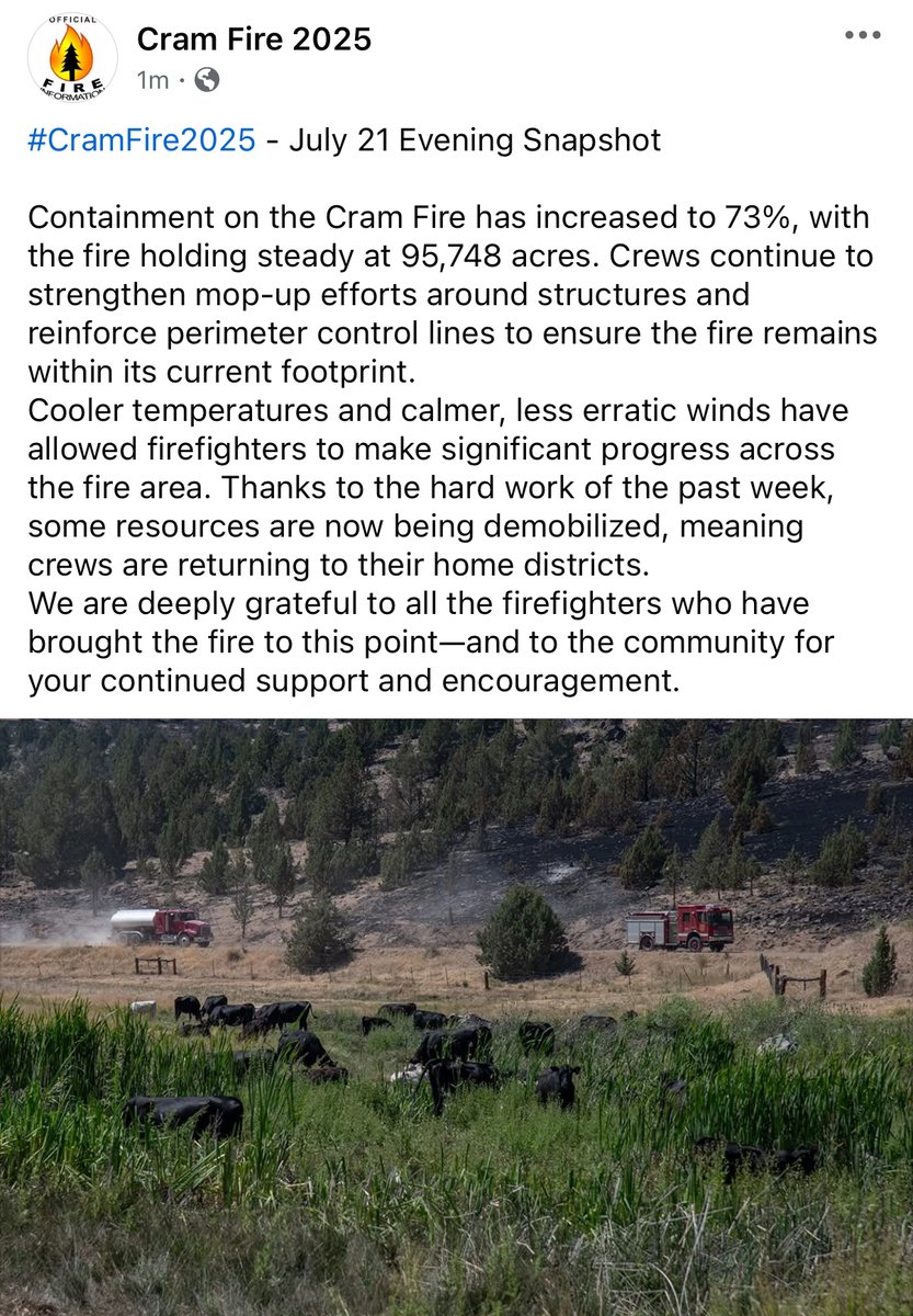 CentralORFire's tweet image. #CramFire July 21 Evening Snapshot
Containment on the Cram Fire has increased to 73%, with the fire holding steady at 95,748 acres. Crews continue to strengthen mop-up efforts around structures and reinforce perimeter lines to ensure the fire remains within its current footprint.