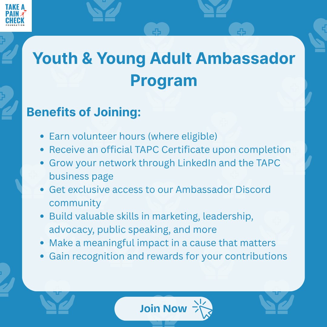 takeapaincheck's tweet image. From volunteer hours and a TAPC certificate to skill-building and exclusive networking—YYAAP empowers youth to lead, connect, and make an impact.
Join now by using the link in the bio!
#YYAAP #TAPC #YouthLeadership #RheumAwareness #VolunteerOpportunity