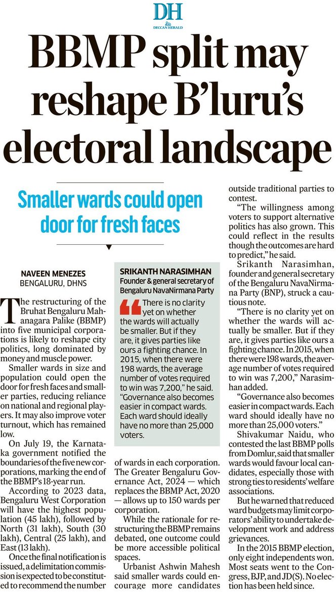 naveenmzs's tweet image. Decoding the sweeping change
#BBMP’s split into five corporations could redraw city politics — smaller wards may open doors for fresh, local faces beyond traditional parties
There’s a lot a corporator can do in #Bengaluru, stopping illegal construction hopefully tops the list