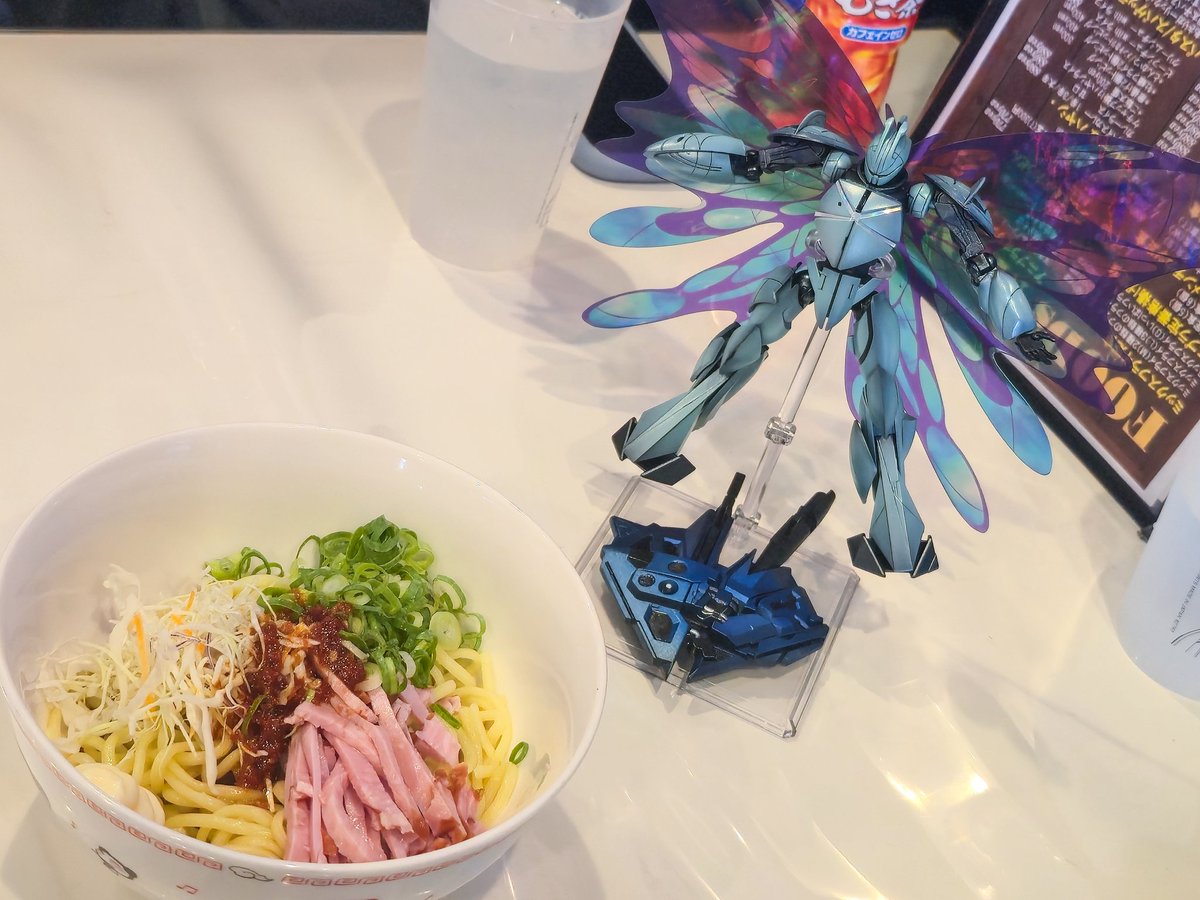 sakyo_ukyo69's tweet image. アニプラさんに来店✨
出来立てターンX月光蝶と供に♪
冷やし中華いただきます🍴🙏
