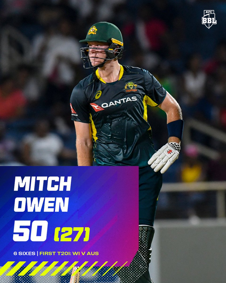BBL's tweet image. Just the third Australian men's player to score a fifty on T20I debut!
Your day, Mitch Owen 💪 #WIvAUS