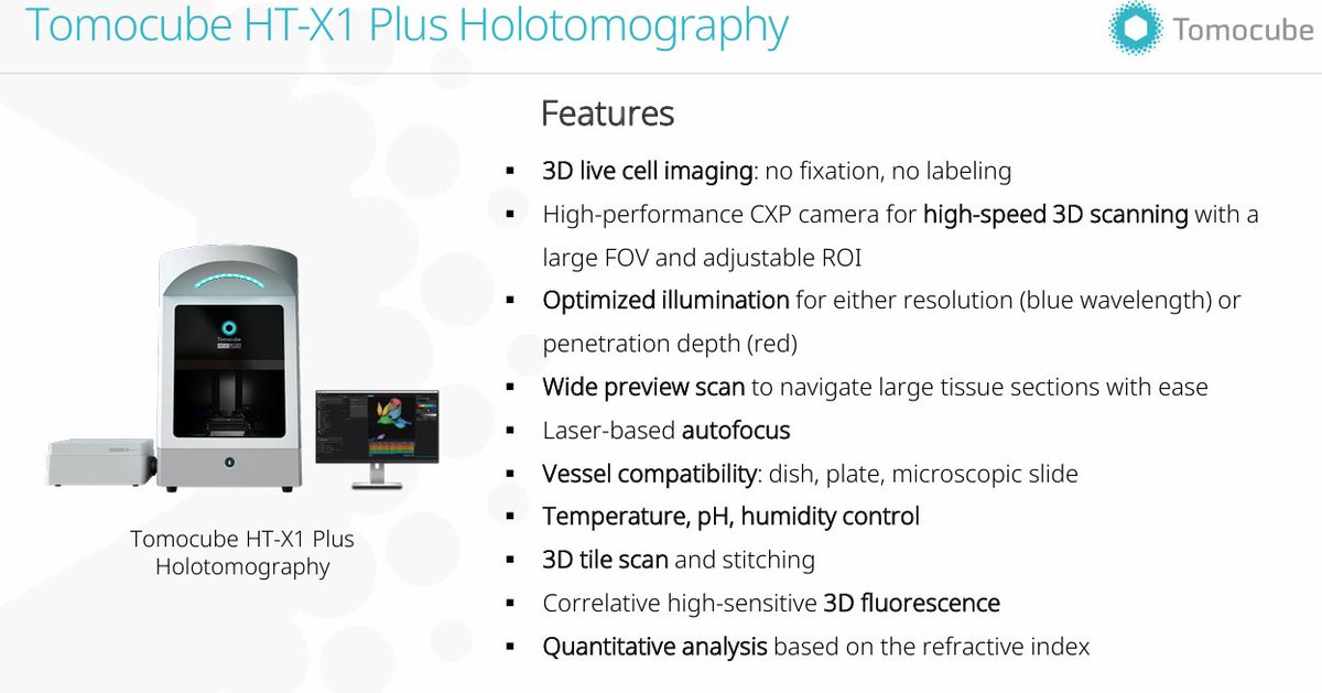 ScitechPtyLtd's tweet image. 3D Live Cell Imaging with no fixation, no labelling with @Tomocubeinc Holotomography System HT-X1Plus!

✅ Label-free visualization
✅ Tissue section imaging at single-cell resolution
✅ Speckle-noise free, visualizing thick tissue sections up to 200 µm
✅ High-speed 3D scanning