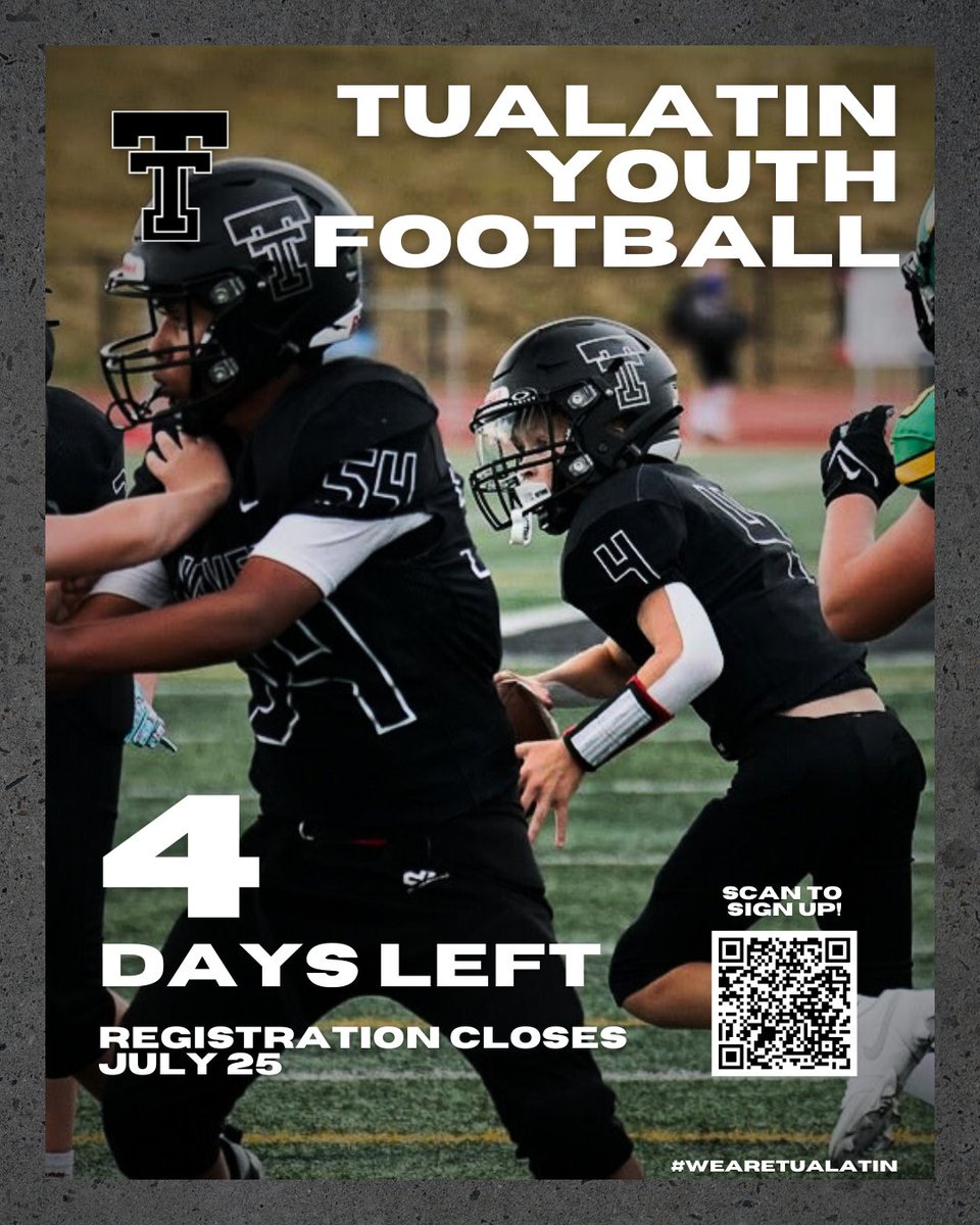 4️⃣ days left to register for youth football in the Fall!! 

Scan the QR or visit tualatinyouthfootball.org to sign up now!

#WeAreTualatin