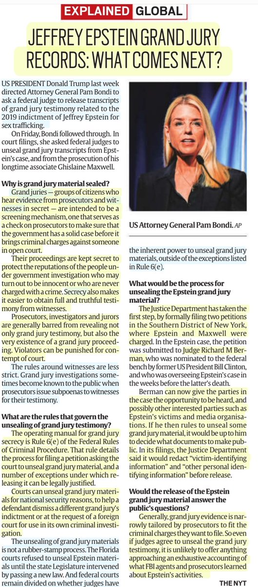 imRavikantYadav's tweet image. 'Jeffrey Epstein grand jury records: What comes next?'

:Details

#EpsteinGate #Grandjury #Evidence #Sealed #Secrecy #Prosecutor #witness
#nationalsecurity
#Donald_Trump @elonmusk 
#law #USA 
#JeffreyEpstein

Source: IE, NYT