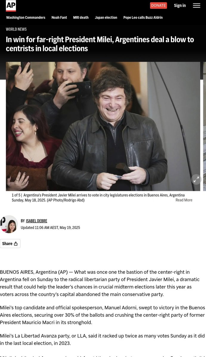 Real_King_Elvis's tweet image. It's insane that Libertarianism is now considered a far-right ideology.
"What was once one the bastion of the center-right in Argentina fell on Sunday to the radical libertarian party of President Javier Milei"
Milei is more popular now than when he won the election. It also…