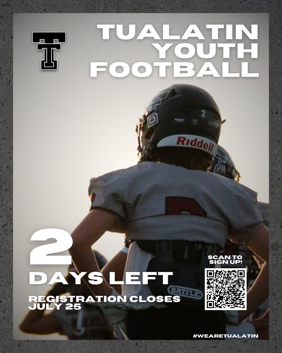 2️⃣ days left to get signed up for Tualatin Youth Football! Let's go Wolves!

tualatinyouthfootball.org

#WeAreTualatin