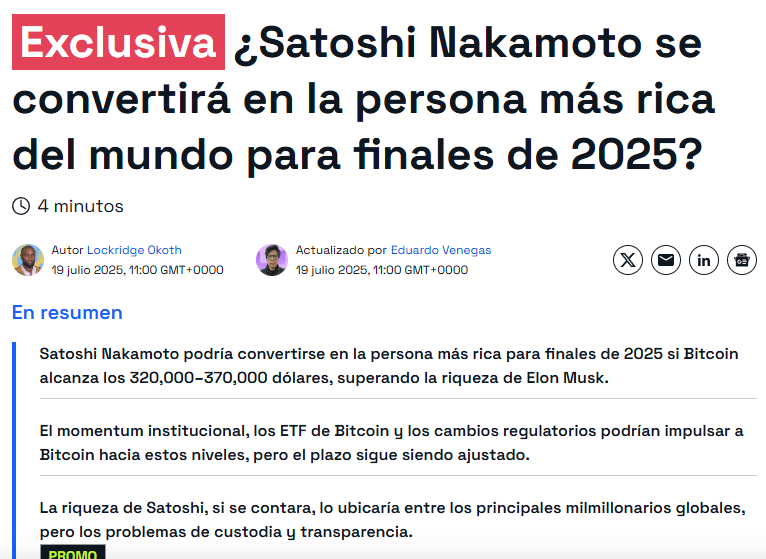 Nuestro señor Don Satoshi Nakamoto, vía a ser el ser más rico del mundo.

¿Quién lo diría? 😄

Vía <a href="/beincrypto_es/">BeInCrypto Español 🗞</a>