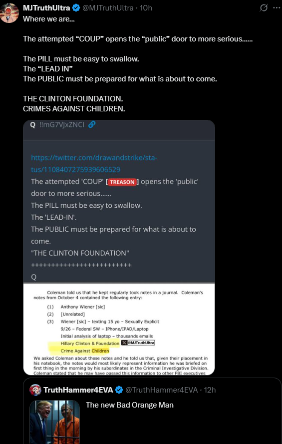 PokerPolitics's tweet image. "We gotta ease the public into the Clintons being pedos by talking about Obama and Russian collusion first" I think the public is fine with hearing about important people being pedophiles given that this whole thing is an effort to distract from Trump's ties to Epstein.