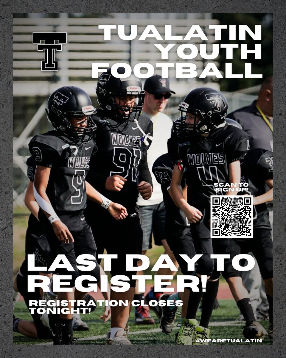 Attention Timberwolf Nation! Registration for the 2025 Youth Football Season closes tonight! 

Get signed up at tualatinyouthfootball.org

#WeAreTualatin