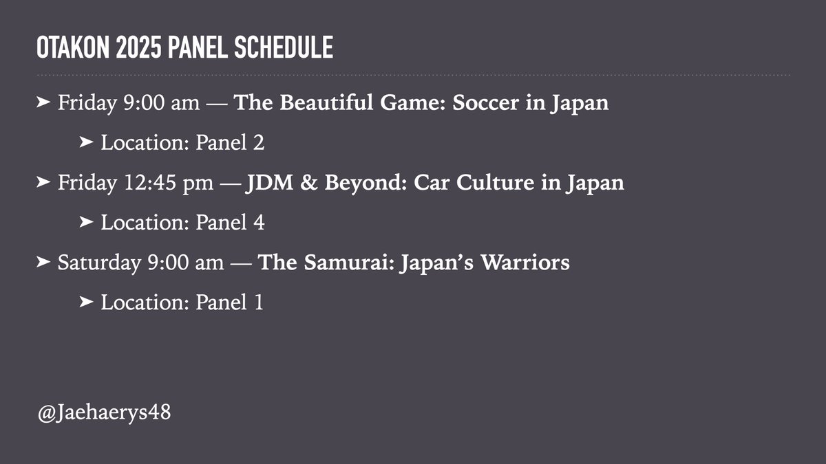 Jaehaerys48's tweet image. I'll be presenting 3 panels at Otakon 2025! The convention is on August 8-10 in Washington DC.
- Fri 9:00 am: "The Beautiful Game: Soccer in Japan"
- Fri 12:45 pm: "JDM & Beyond: Car Culture in Japan"
- Sat 9:00 am: "The Samurai: Japan's Warriors"
#Otakon #Otakon2025