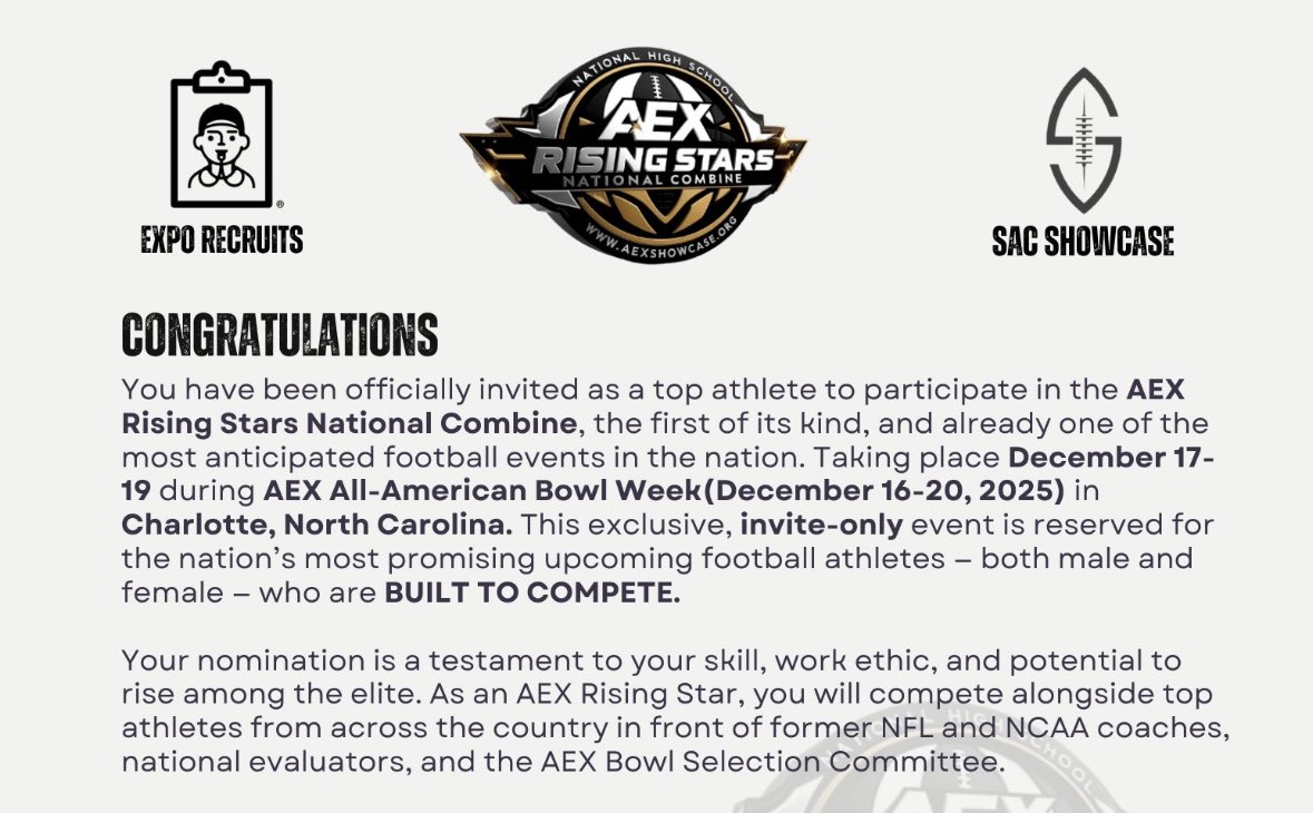 GPetty10000's tweet image. Thank you @AEX_BOWL for the invitation to your National Combine, December 17th-19th.