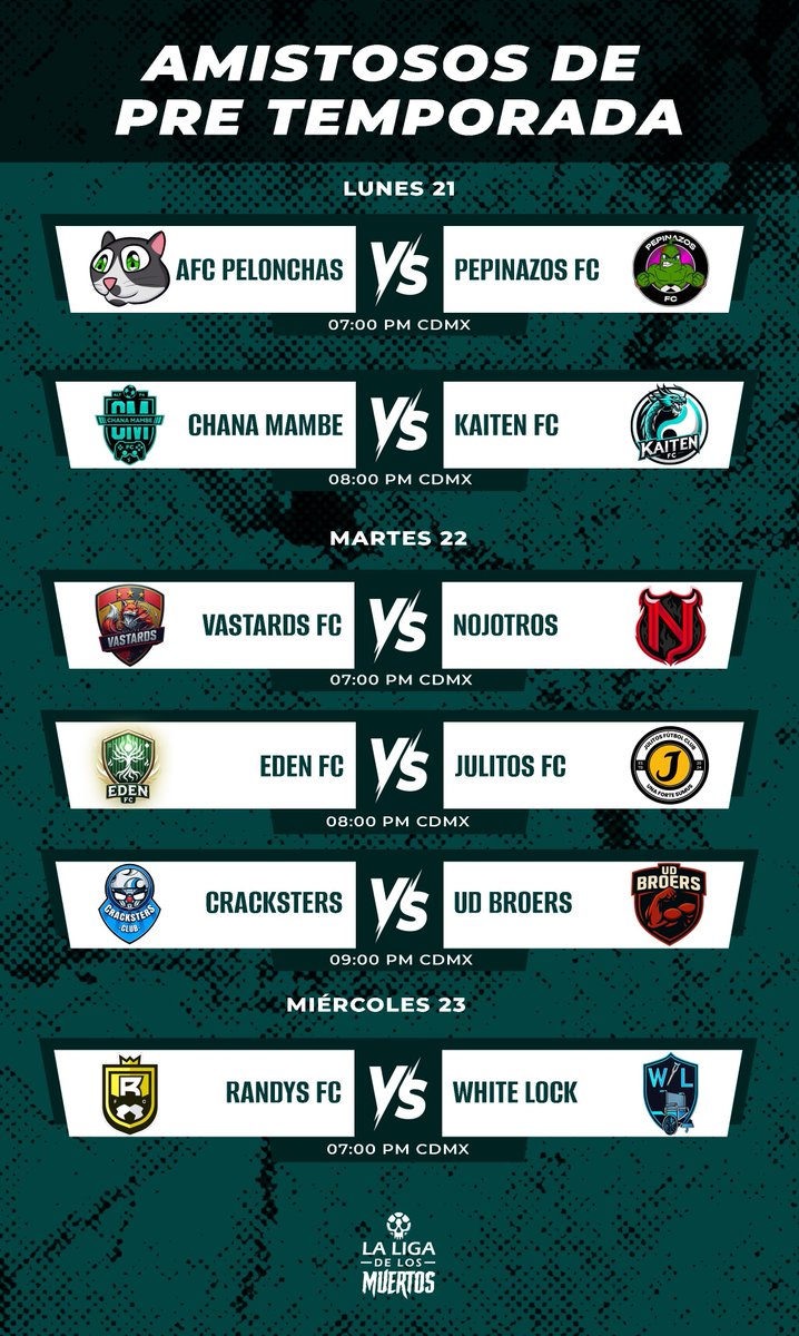 📣 ¡Atención comunidad de #LaLigaDeLosMuertos!
Se hicieron ajustes en el calendario 🛠️ y ya tenemos el fixture definitivo para la semana.
Lo que está publicado ahora... ¡es ley! ⚖️🔥
Revisa los horarios, prepara tus predicciones y no te pierdas ni un minuto de este caos