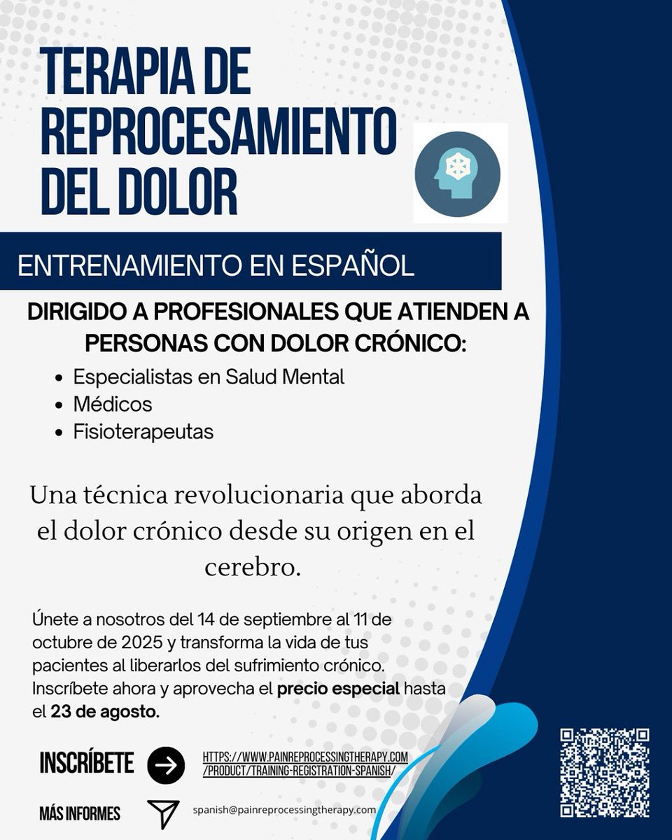 📢 Estamos emocionados de anunciar nuestro próximo entrenamiento virtual en Terapia de Reprocesamiento del Dolor (PRT), una técnica revolucionaria que aborda el dolor crónico desde su origen en el cerebro. #SaludMental #DolorCrónico #PRT