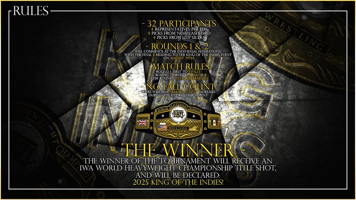 LISTED BELOW are the RULES for the 2025 KING OF THE INDIES TOURNAMENT!

OFFICIAL PARTICIPANTS TO BE ANNOUNCED SOON!