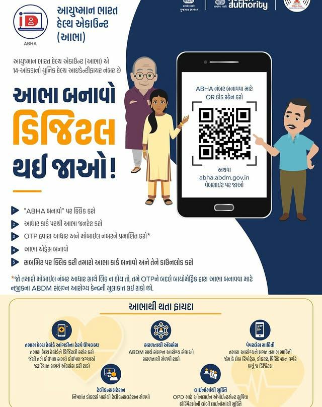 ABHA-આયુષ્યમાન ભારત હેલ્થ એકાઉન્ટ.તમામ હેલ્થ રેકોર્ડ આંગળીના ટેરવે ઉપલબ્ધ,પેપરલેસ માહિતી વગેરે જેવા ફાયદા માટે આજે જ આભા કાર્ડ કઢાવો .વધુ માહિતી માટે નજીક ના આરોગ્ય કેન્દ્ર ની મુલાકાત લેવી.