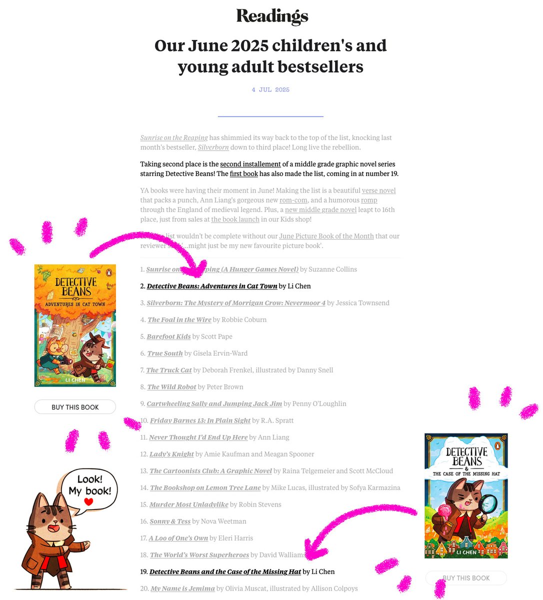 I forgot to post this earlier but so stoked to see both Detective Beans books on the <a href="/ReadingsBooks/">Readings</a> kids' bestsellers list for June! Yay! Go Beans!!