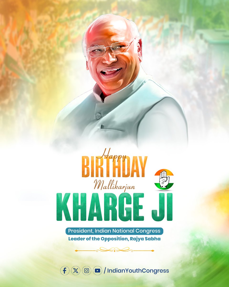 IYC's tweet photo. Warm birthday wishes to Congress President Shri @kharge ji , a stalwart leader whose unwavering commitment to justice, democracy, and the Constitution continues to inspire us all.

Your courage, wisdom, and decades of public service make you a true icon of Indian politics.

Wishing you good health, happiness, and many more years of visionary leadership! 🎉