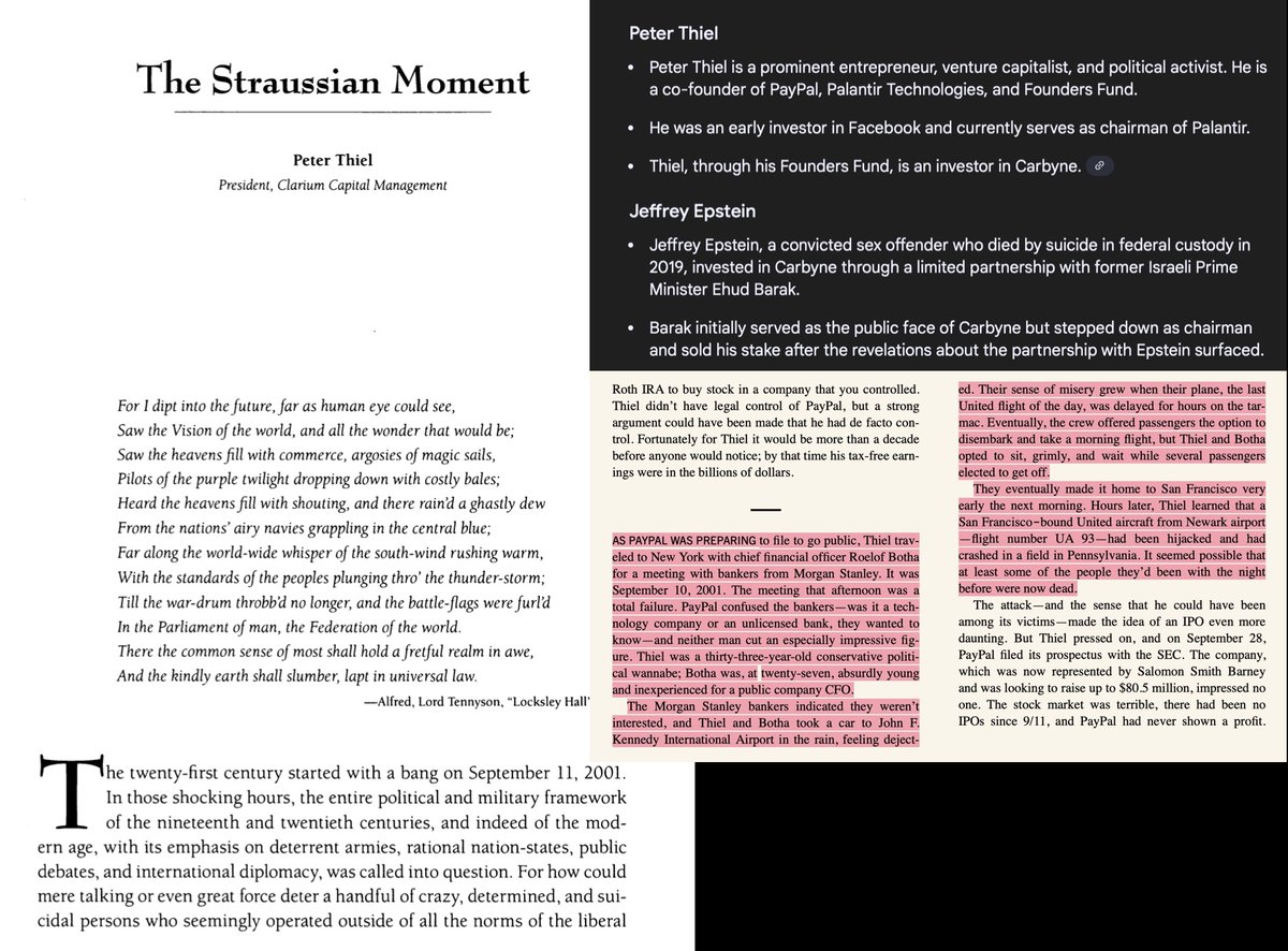 XX_1133_1221_11's tweet image. 9.11
Epstein, Thiel, Lutnik, Pierce
Tether, Palantir, Carbyne
(Just a small batch of connections)
Peter Thiel:
> Peter Thiel and Roelof Botha allegedly narrowly avoided being on Flight UA-93 on the morning of September 11, 2001, which was hijacked and crashed in a field in PA.…