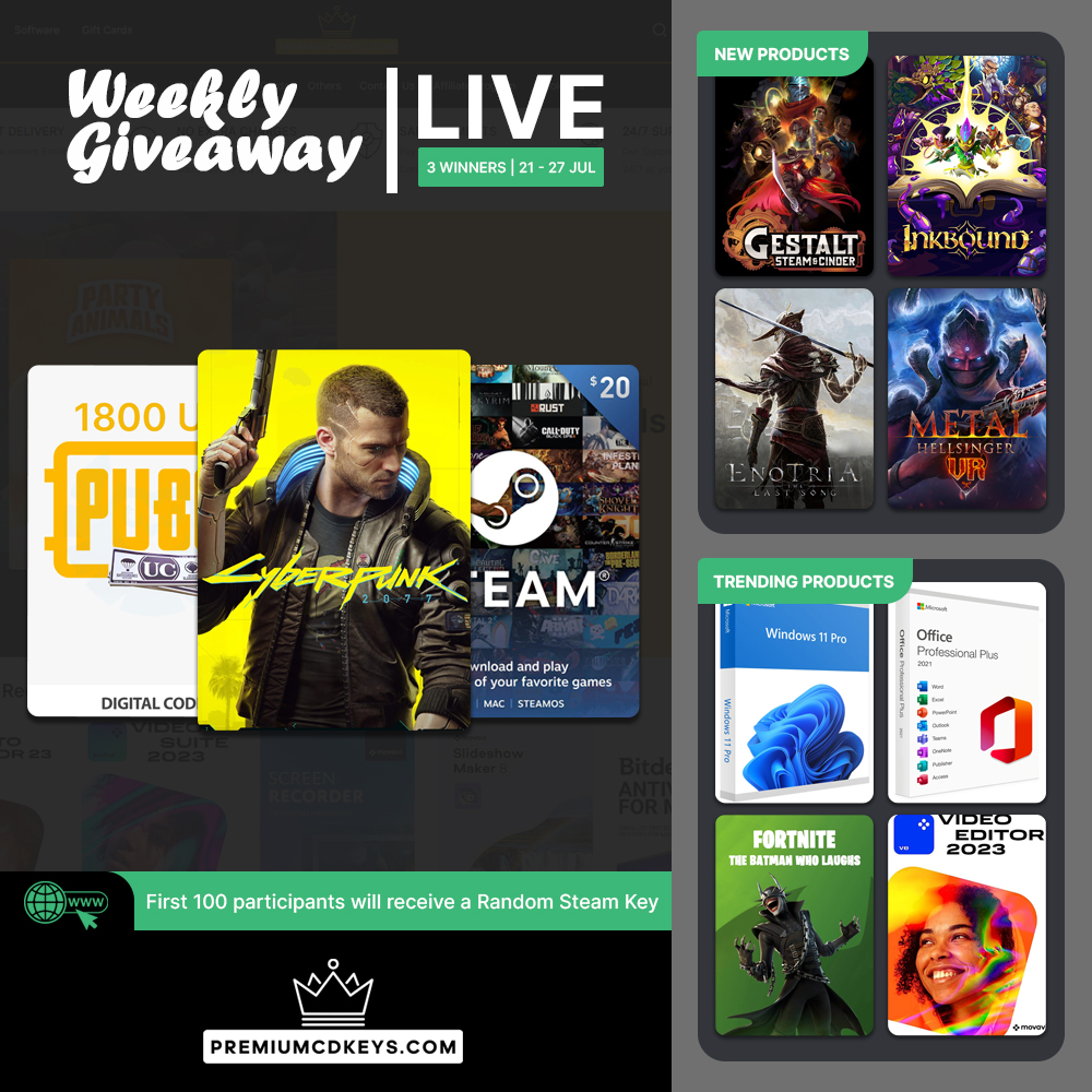 Our Weekly #Giveaway is Live!

Participate for a chance to win Cyberpunk 2077 GOG Game, #Steam $20 USD Gift Card and #PUBG Mobile 1800 UC Gift Card.

To participate visit: premiumcdkeys.com/pages/weekly-g…

#Contest ends on 27 July 2025, 3 Winners will be selected randomly! #Giveaways