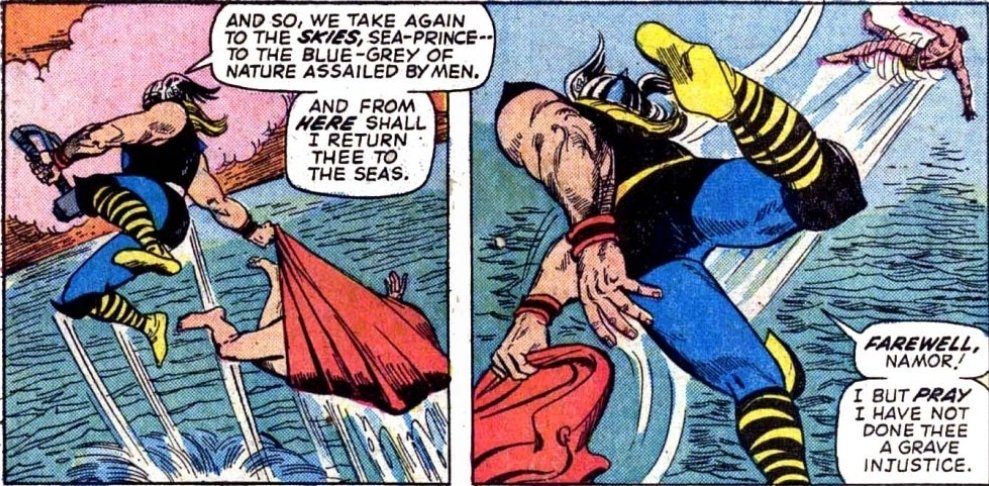 ImperiusWrecked's tweet image. Always so funny to me that Thor ended their fight by wrapping Namor in his cape and throwing him as far out to sea as possible before leaving. He really said "gonna scoop up this angry sea prince and put him back where he belongs" 🤣