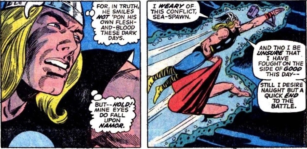 ImperiusWrecked's tweet image. Always so funny to me that Thor ended their fight by wrapping Namor in his cape and throwing him as far out to sea as possible before leaving. He really said "gonna scoop up this angry sea prince and put him back where he belongs" 🤣