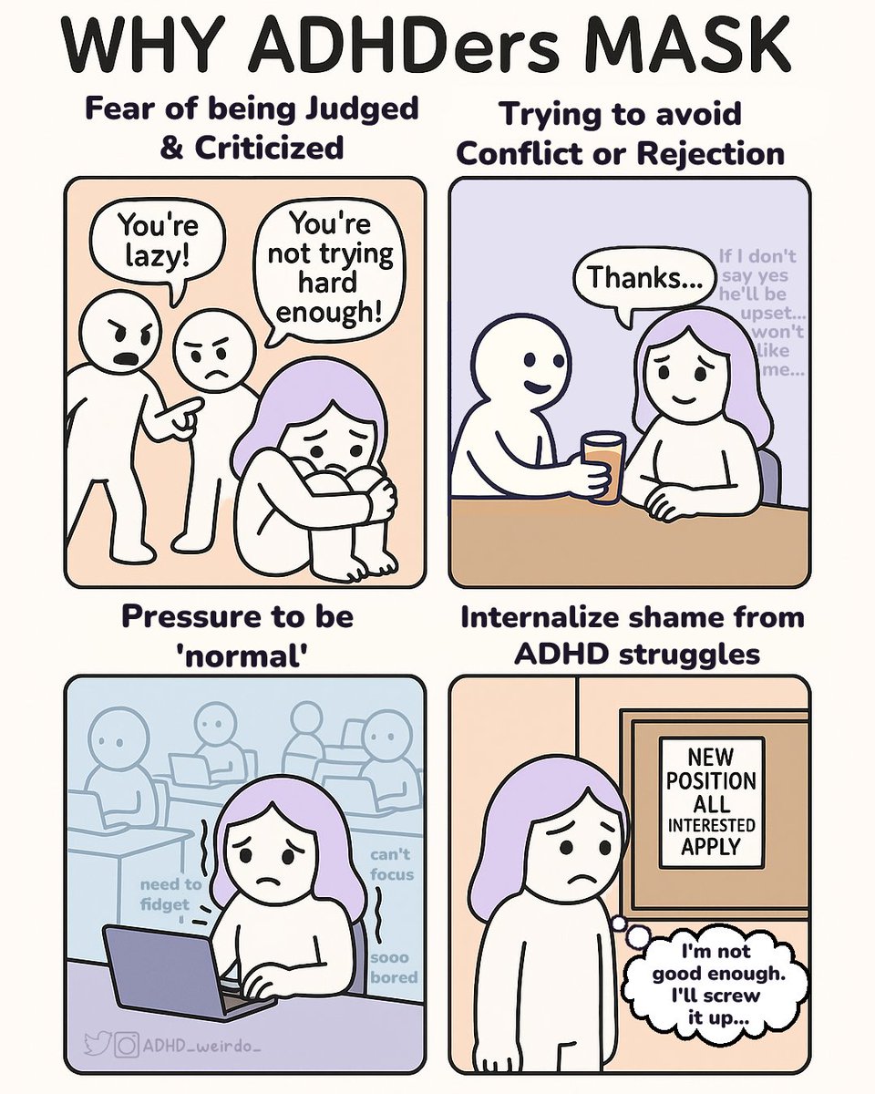 ADHD_weirdo_'s tweet image. Everyone wears a mask.
The difference is:
Non - ADHDers wear theirs to show the version they want others to see.
We ADHDers wear ours to hide the parts society won’t accept -
The parts they call lazy, disruptive, or too much.
It’s not self-expression.
- It's a trauma response.…