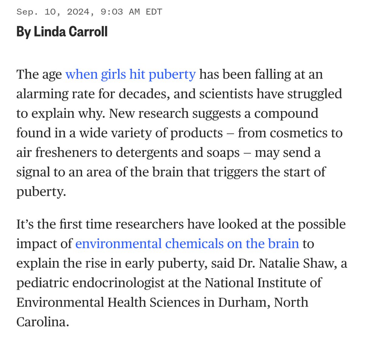 MassieforPOTUS's tweet image. "It's the first time researchers have looked at the possible impact of environmental chemicals on the brain to explain the rise in early puberty"
Did @NBCNews just unknowingly give credit to @SecKennedy for something ๐คฃ