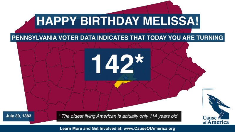 Say happy birthday to Melissa, born July 30, 1883, and still somehow an active voter in Perry County, PA.

She predates the Model T, electricity in most homes, and women's right to vote... yet here she is. Still registered.

👀 Think our voter rolls need a refresh?
👉