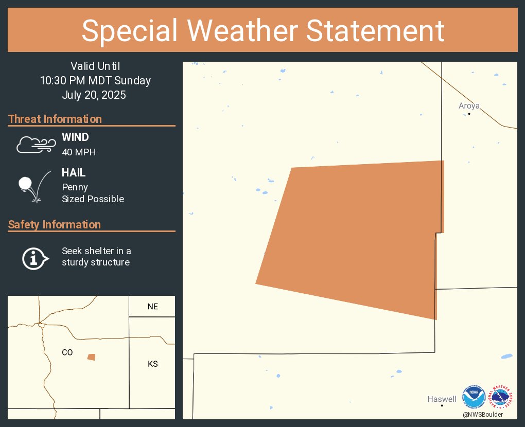 NWSBoulder's tweet image. A special weather statement has been issued for Lincoln County, CO until 10:30 PM MDT #COwx