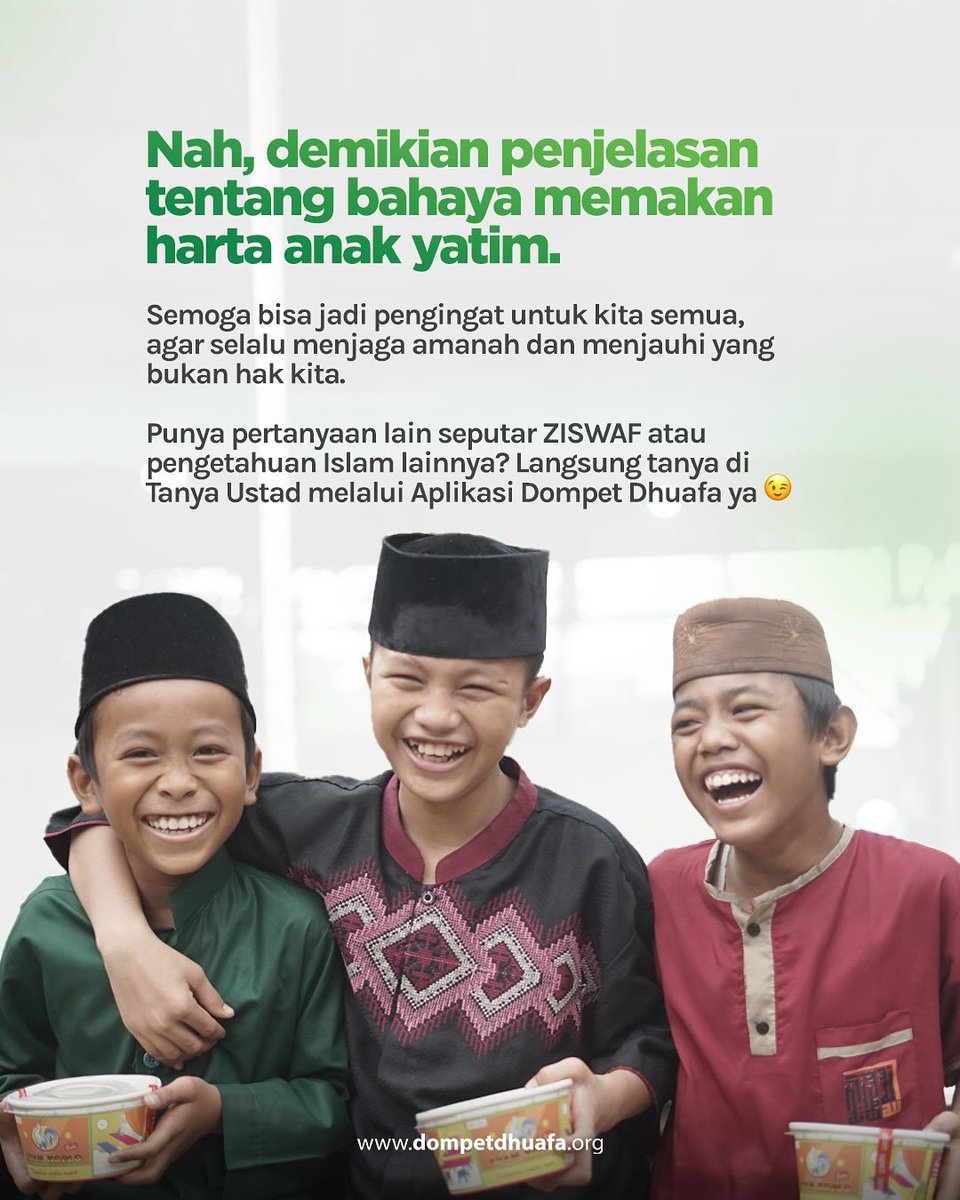 dompetdhuafaorg's tweet photo. 2. Yuk, jadi pelindung hak-hak anak-anak yatim dengan berbagi kebaikan lewat program #MuliakanYatim Dompet Dhuafa💚💚

#LindungiYatim #SedekahYatim #DompetDhuafa #DosaBesar #HartaYatim #IslamicReminder #MemakanHartaAnakYatim https://t.co/0JLwspdgUw