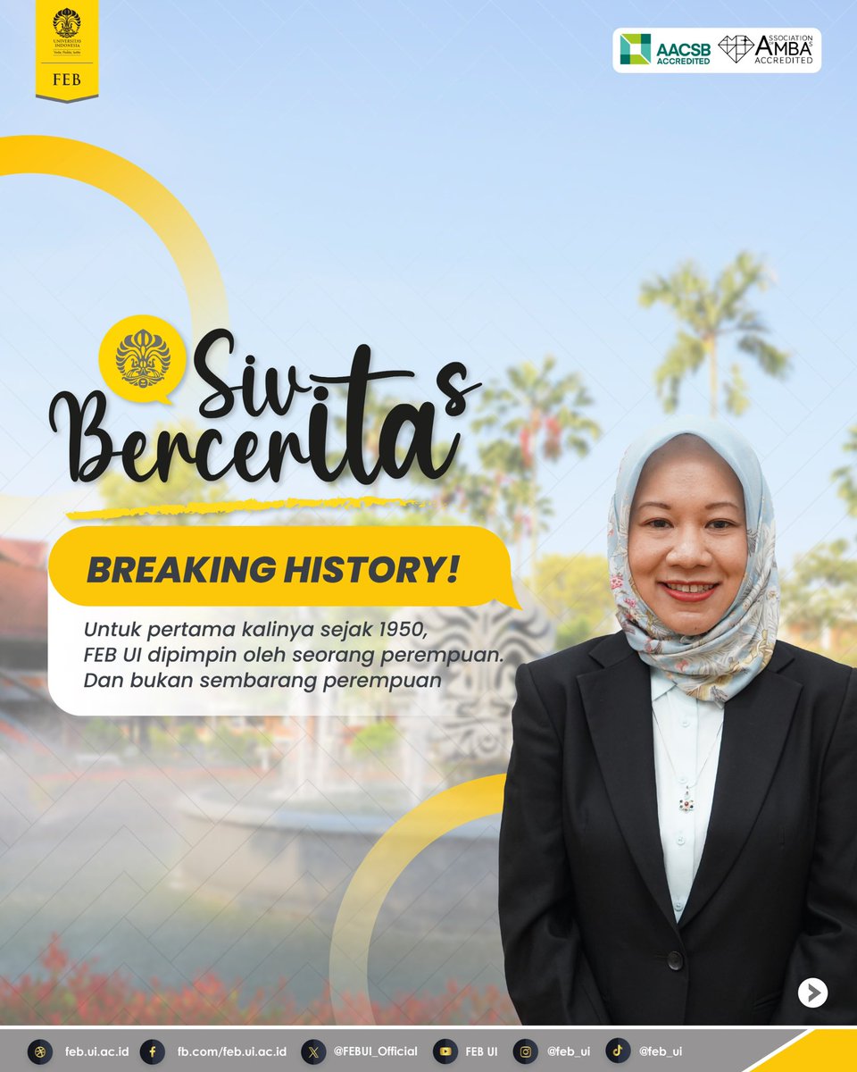 FEBUI_Official's tweet photo. Kehadiran Bu Yulianti sebagai pemimpin menandai sejarah baru bagi FEB UI. Sejak didirikan pada 1950, untuk pertama kalinya FEB UI dipimpin oleh seorang dekan perempuan.

Yuk, simak kisah Bu Yulianti dalam membawa perspektif kepemimpinan yang inklusif dan setara! 👀 https://t.co/HvpaWm2txK