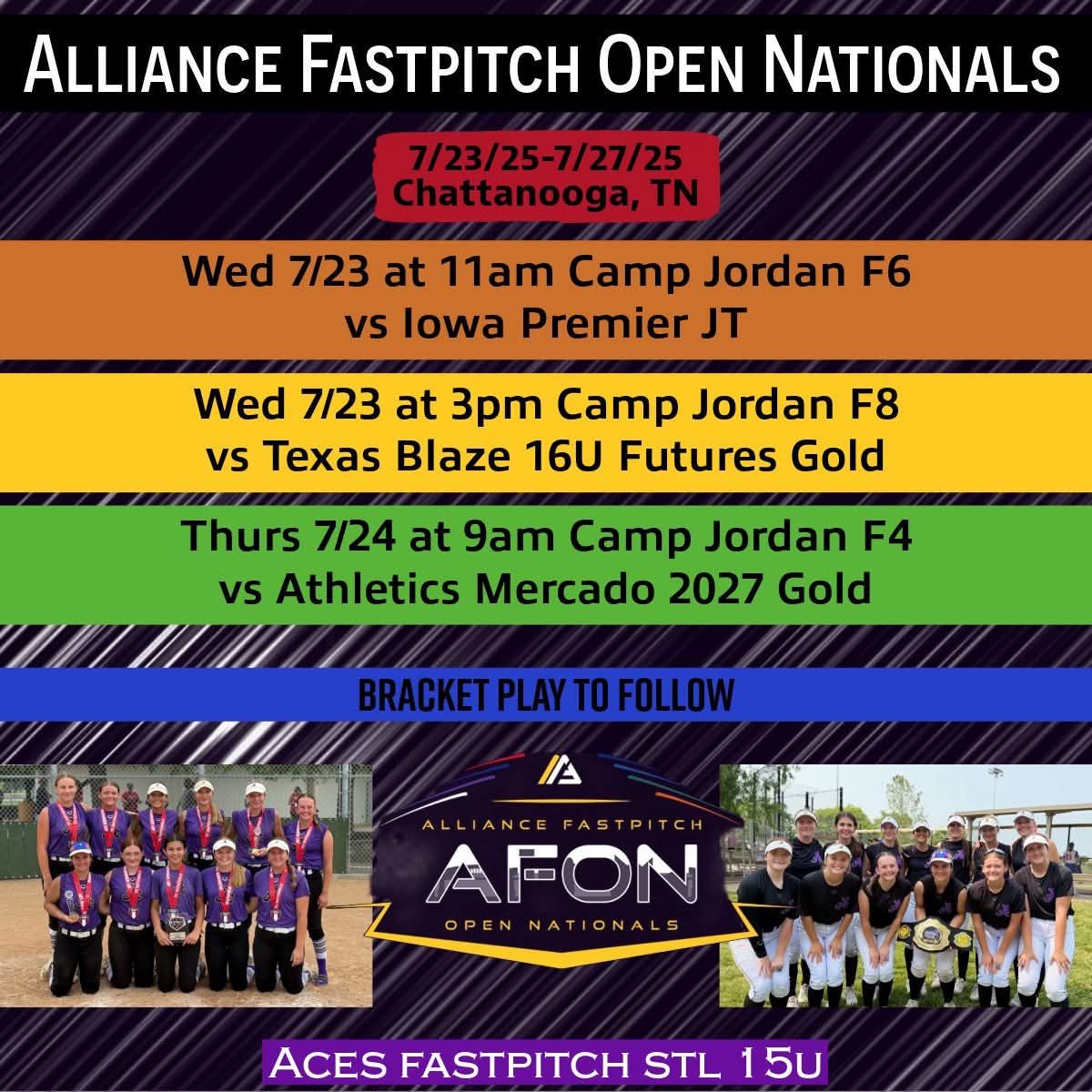 I am very excited for my team Aces Stl 15u to be attending the 2025 AFON nationals in Chattanooga, Tennessee this coming week. I am also very excited to get to participate in the ultimate athlete skills competitions before our tournament starts.